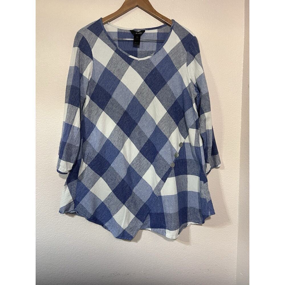 Ali Miles Blouse Women Size L Blue Plaid Tunic Shirt Button Relaxed Timeless